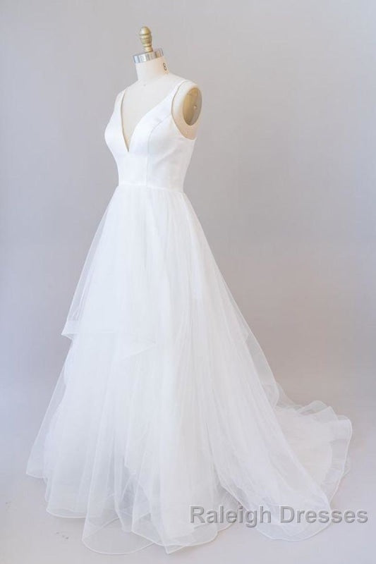 Beautiful V Neck Tulle A Line Wedding Dresses