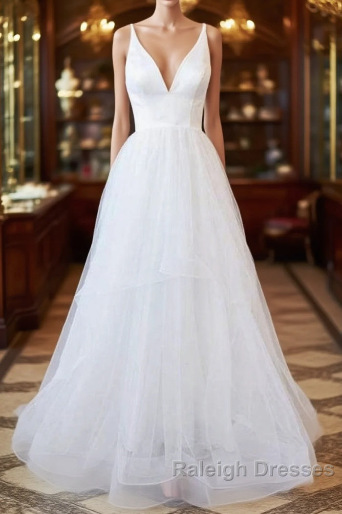 Beautiful V Neck Tulle A Line Wedding Dresses