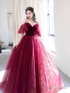 Beautiful V-Neck Velvet Tulle Long Prom Dress, Burgundy Spaghetti Strap Evening Party Dress