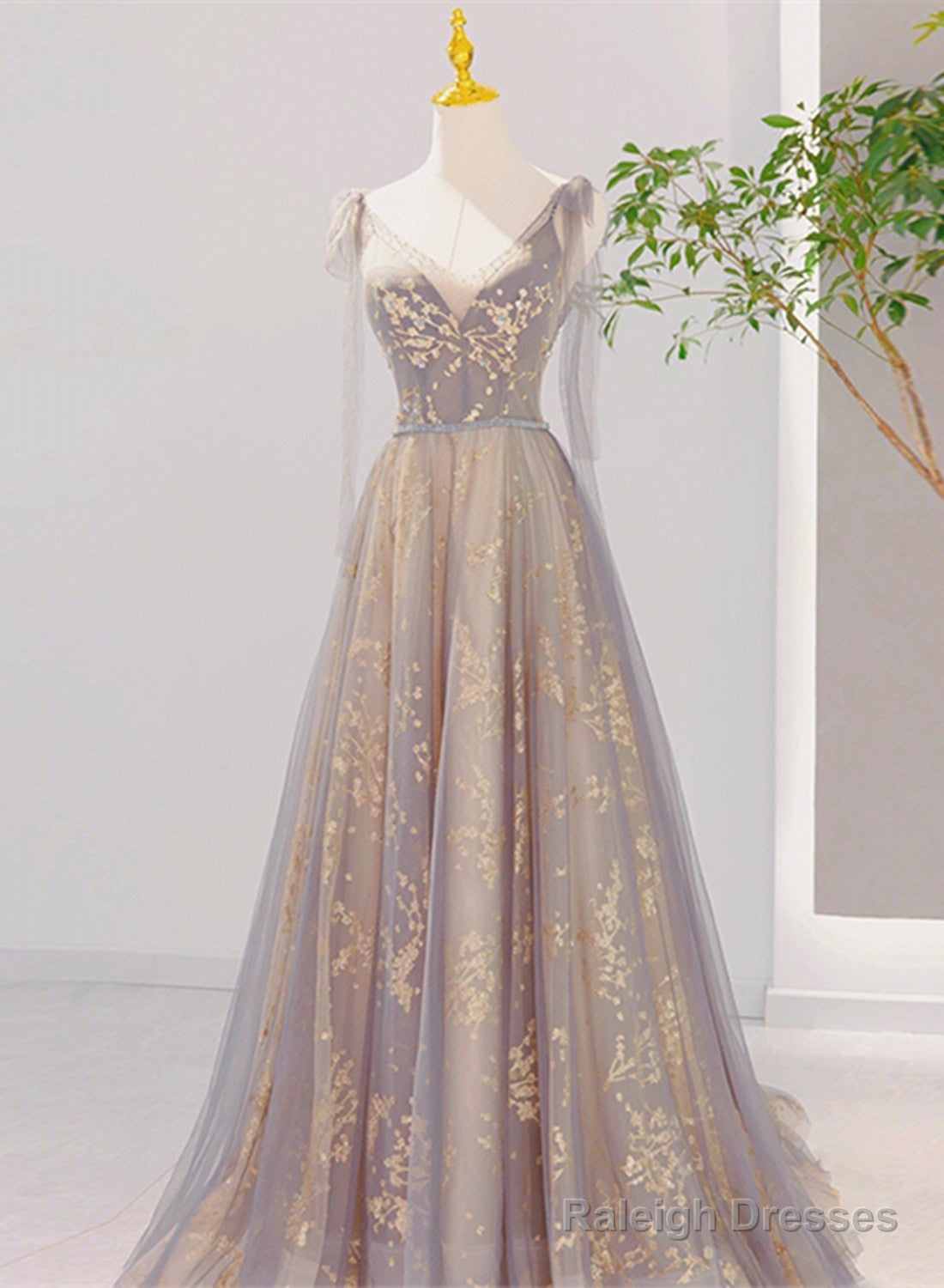 Beautiful V-Neckline Lace-Up Champagne And Grey Long Formal Dress, Tulle Prom Dress Main image