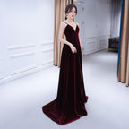 Beautiful V-Neckline Straps Wine Red Velvet Prom Dresses Long Prom Dresses