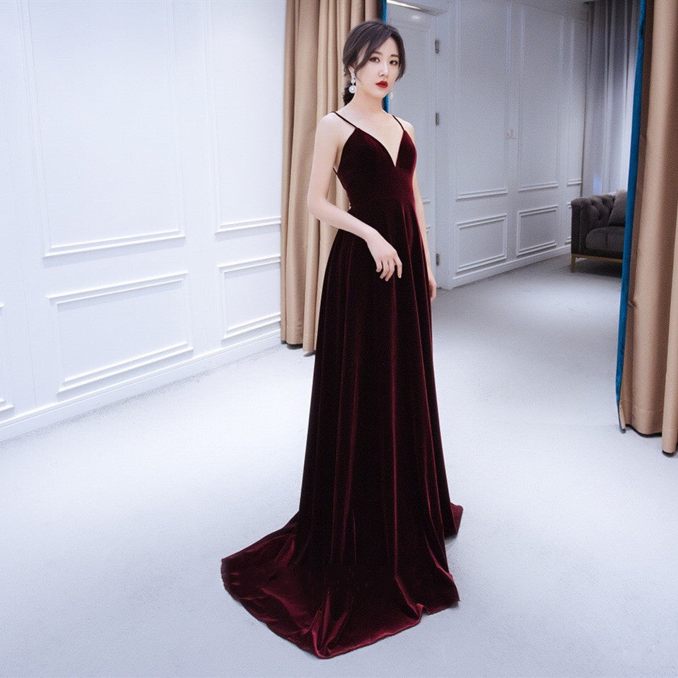 Beautiful V-Neckline Straps Wine Red Velvet Prom Dresses Long Prom Dresses