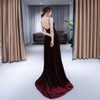 Beautiful V-Neckline Straps Wine Red Velvet Prom Dresses Long Prom Dresses