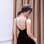 Beautiful V-Neckline Straps Wine Red Velvet Prom Dresses Long Prom Dresses