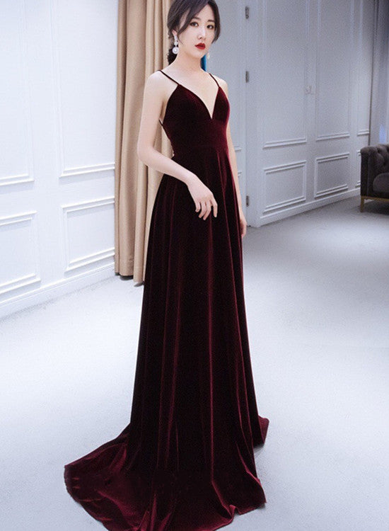 Beautiful V-Neckline Straps Wine Red Velvet Prom Dresses Long Prom Dresses