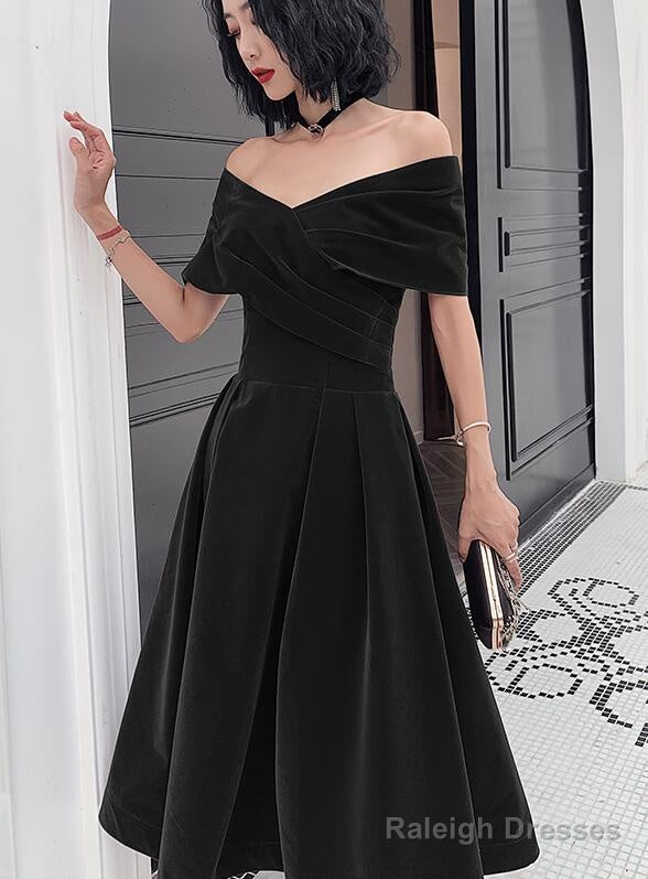 Beautiful Velvet Off Shoulder Black Tea Length Evening Dresses, New Chic Prom Dress Main image