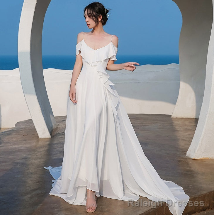 Beautiful White Chiffon Straps Low Back Long Wedding Party Dresses, White Long Formal Dresses