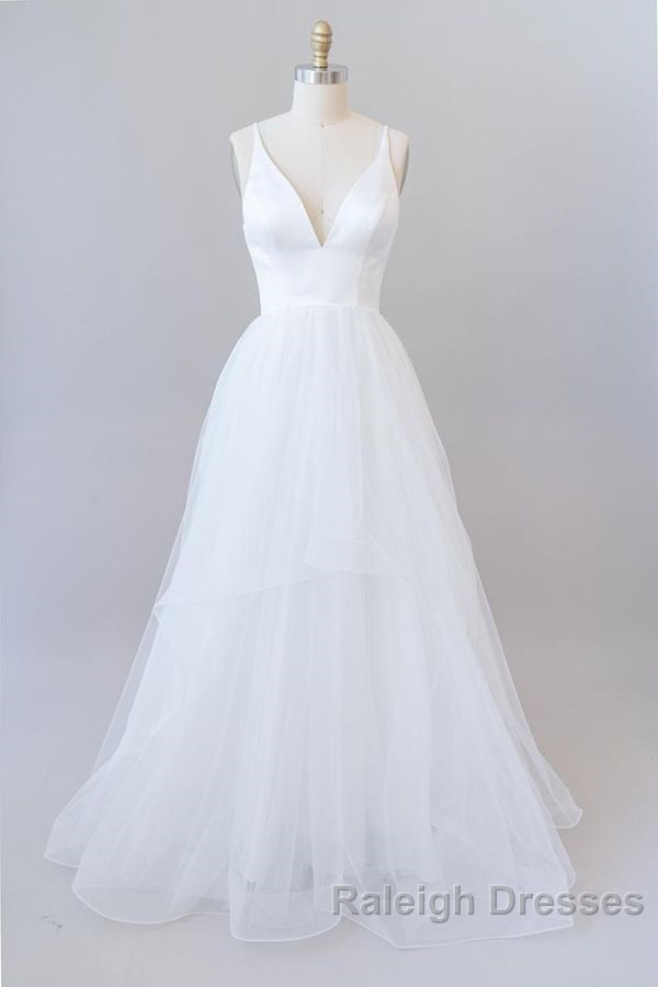 Beautiful White Long A Line V Neck Tulle Backless Wedding Dresses Secondary image