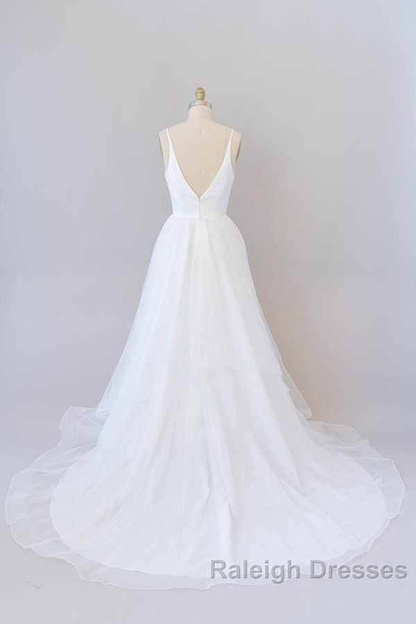 Beautiful White Long A-line V-neck Tulle Backless Wedding Dress