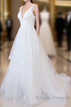 Beautiful White Long A Line V Neck Tulle Backless Wedding Dresses