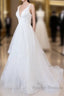 Beautiful White Long A Line V Neck Tulle Backless Wedding Dresses