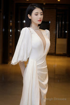 Beautiful White Puffy Sleeves Long Party Dress With Leg Slit, White Wedding Party Dress