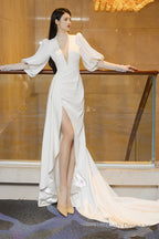 Beautiful White Puffy Sleeves Long Party Dress With Leg Slit, White Wedding Party Dress