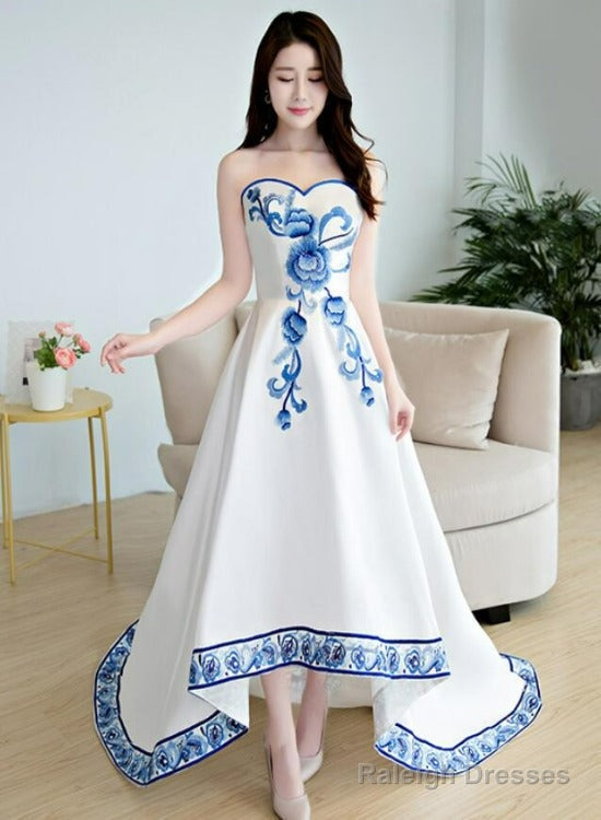 Beautiful White Satin With Flowers Embroidery Party Dresses, High Low Simple Satin Graduation Dresses Main image
