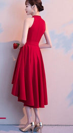 Beautiful Wine Red Chiffon Halter High Low Bridesmaid Dresses Homecoming Dresses