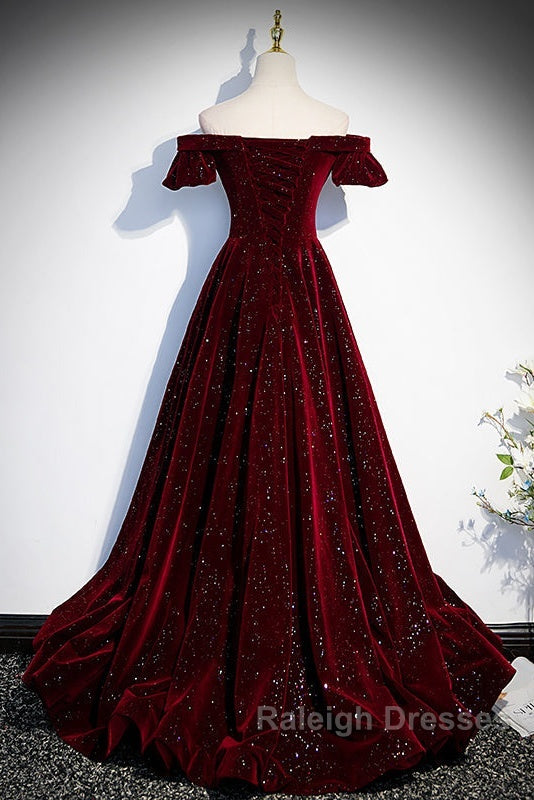 Beautiful Wine Red Off Shoulder Velvet Long Party Dress, A-Line Dark Red Prom Dresses Secondary image