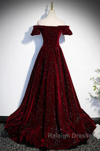 Beautiful Wine Red Off Shoulder Velvet Long Party Dress, A-Line Dark Red Prom Dresses