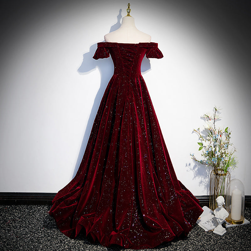 Beautiful Wine Red Off Shoulder Velvet Long Prom Dresses A-Line Dark Red Prom Dress Secondary image