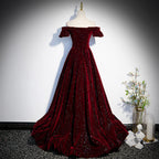 Beautiful Wine Red Off Shoulder Velvet Long Prom Dresses A-Line Dark Red Prom Dress