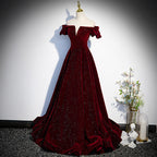 Beautiful Wine Red Off Shoulder Velvet Long Prom Dresses A-Line Dark Red Prom Dress