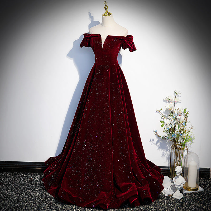 Beautiful Wine Red Off Shoulder Velvet Long Prom Dresses A-Line Dark Red Prom Dress
