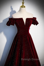 Beautiful Wine Red Off Shoulder Velvet Long Party Dress, A-Line Dark Red Prom Dresses