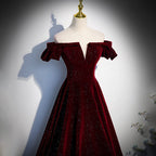 Beautiful Wine Red Off Shoulder Velvet Long Prom Dresses A-Line Dark Red Prom Dress