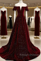 Beautiful Wine Red Off Shoulder Velvet Long Party Dress, A-Line Dark Red Prom Dresses