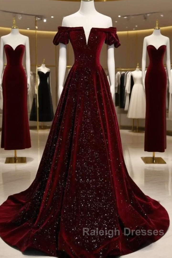 Beautiful Wine Red Off Shoulder Velvet Long Party Dress, A-Line Dark Red Prom Dresses