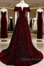 Beautiful Wine Red Off Shoulder Velvet Long Party Dress, A-Line Dark Red Prom Dresses