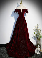 Beautiful Wine Red Off Shoulder Velvet Long Prom Dresses A-Line Dark Red Prom Dress