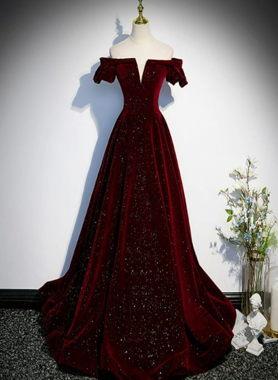 Beautiful Wine Red Off Shoulder Velvet Long Prom Dresses A-Line Dark Red Prom Dress