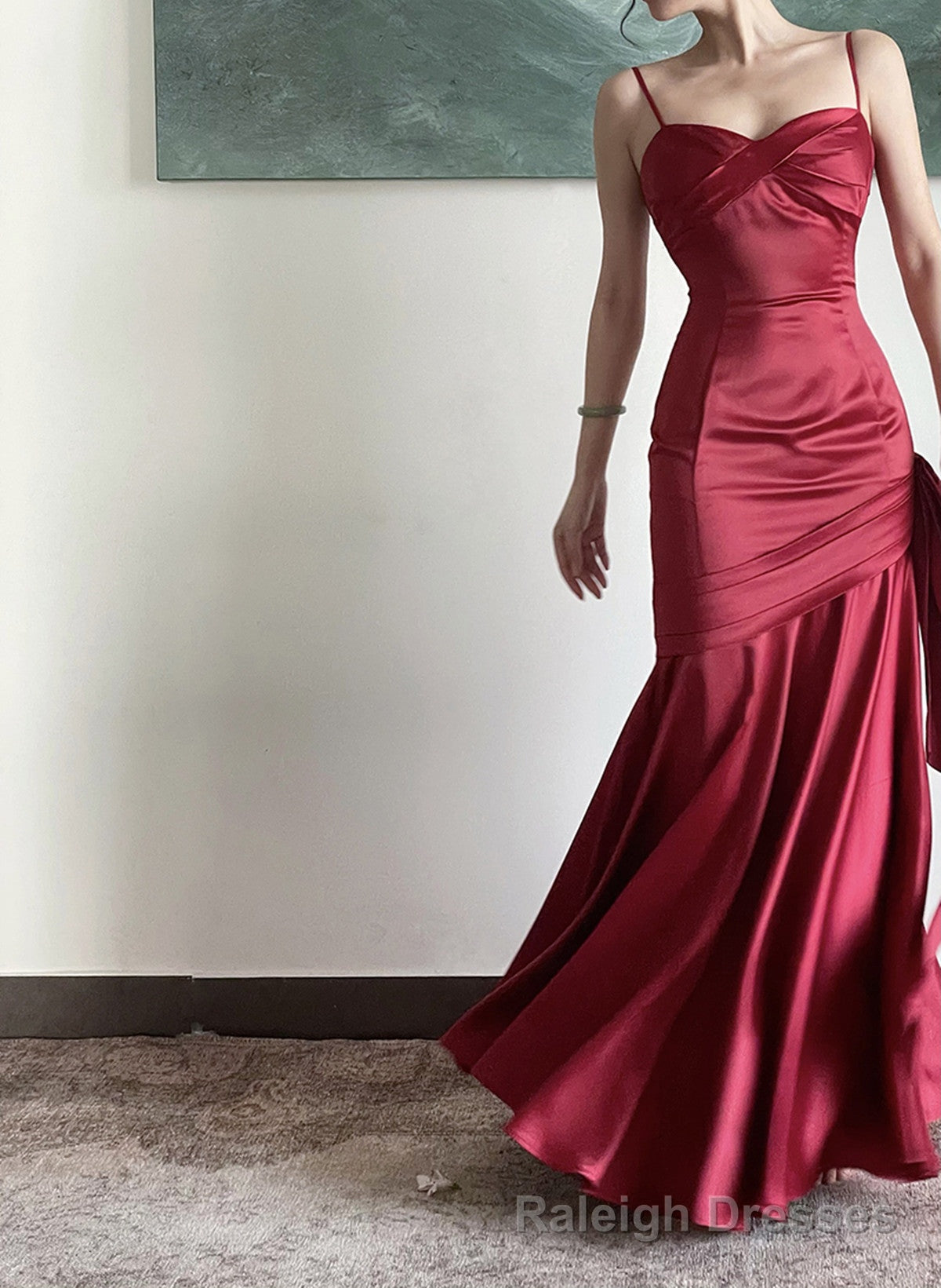 Beautiful Wine Red Satin Straps Long Prom Dress, Wine Red Prom Dress Secondary image