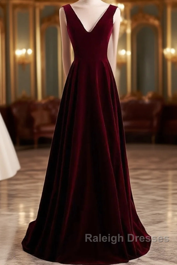 Beautiful Wine Red Simple Long A-Ine Wedding Party Dress, Dark Red Prom Dresses Main image