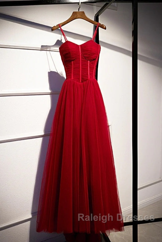 Beautiful Wine Red Tulle Long Straps Party Dress Prom Dress, A-Line Dark Red Formal Gown