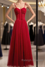 Beautiful Wine Red Tulle Long Straps Party Dress Prom Dress, A-Line Dark Red Formal Gown