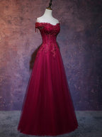 Beautiful Wine Red Tulle Sweetheart Long Prom Dresses A-Line Prom Dresses