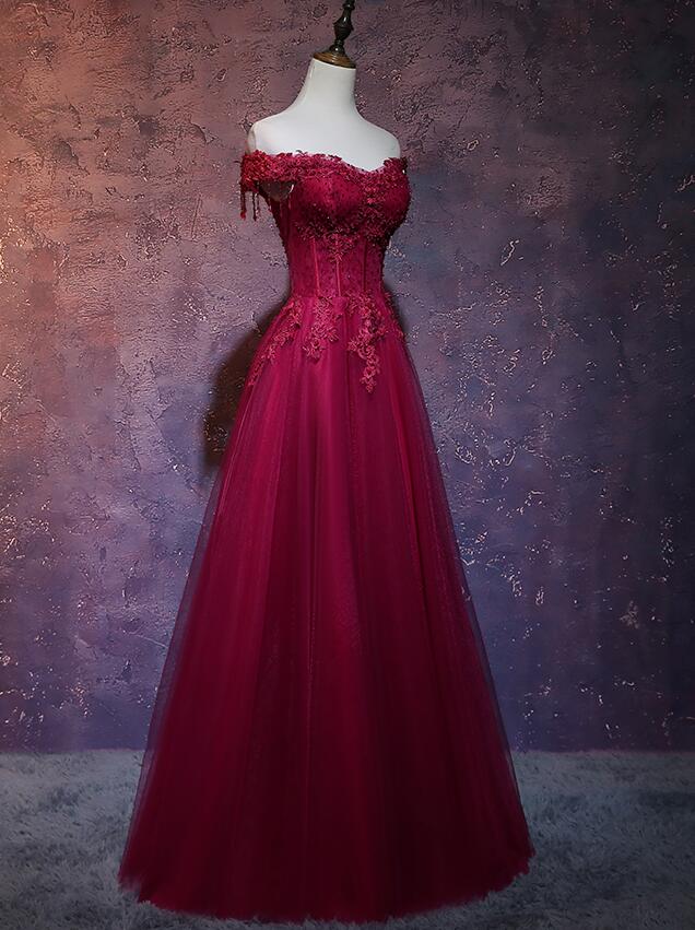Beautiful Wine Red Tulle Sweetheart Long Prom Dresses A-Line Prom Dresses