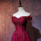 Beautiful Wine Red Tulle Sweetheart Long Prom Dresses A-Line Prom Dresses