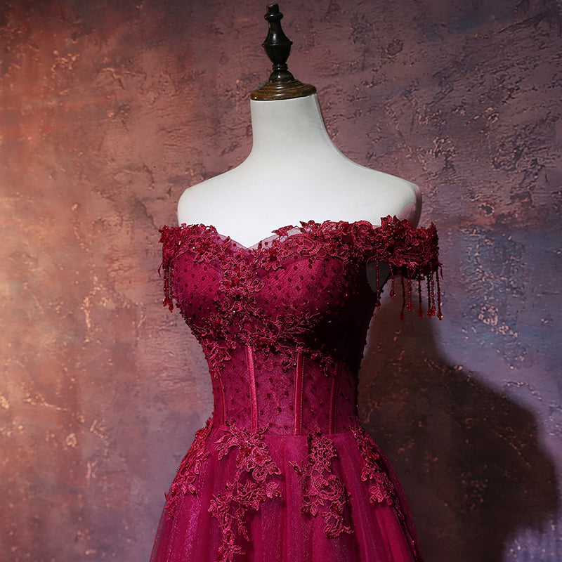 Beautiful Wine Red Tulle Sweetheart Long Prom Dresses A-Line Prom Dresses