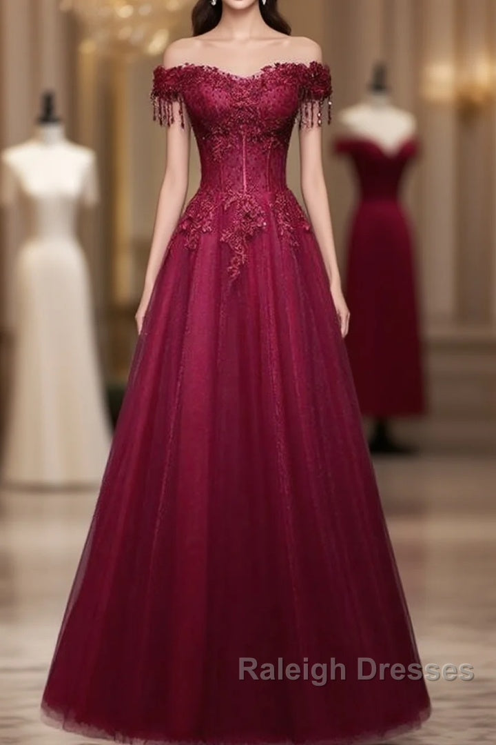 Beautiful Wine Red Tulle Sweetheart Long Prom Dress, A-Line Party Dress Main image
