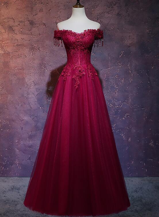 Beautiful Wine Red Tulle Sweetheart Long Prom Dresses A-Line Prom Dresses