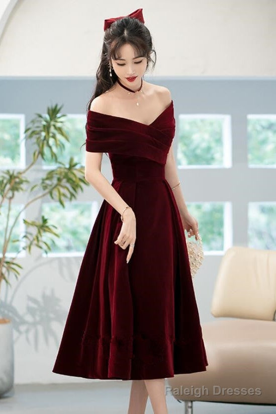 Beautiful Wine Red Velvet Bridesmaid Dresses Off Shoulder Tea Length Prom Dress Secondary image