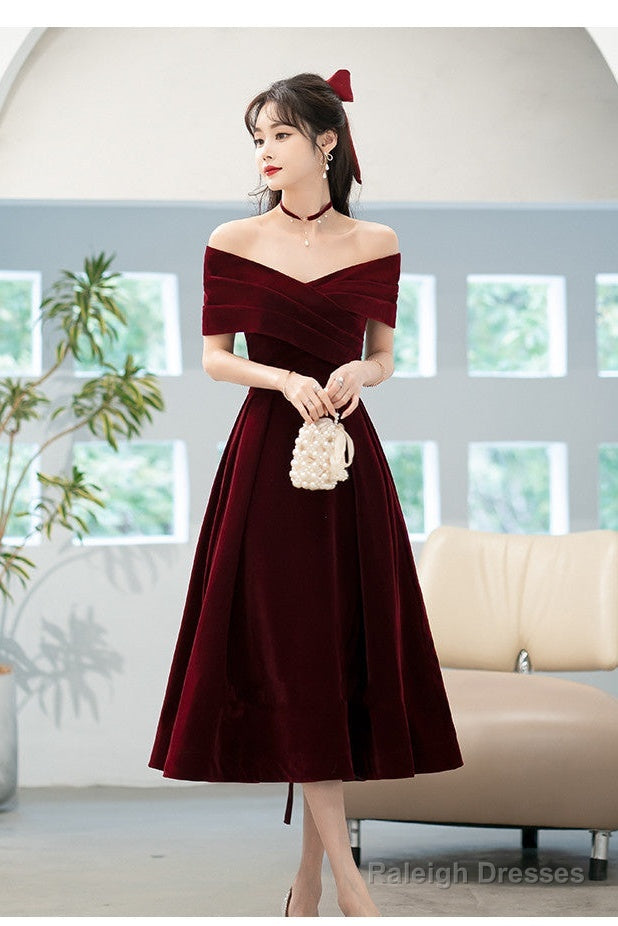 Beautiful Wine Red Velvet Bridesmaid Dresses Off Shoulder Tea Length Prom Dress
