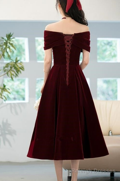 Beautiful Wine Red Velvet Bridesmaid Dresses Off Shoulder Tea Length Prom Dress