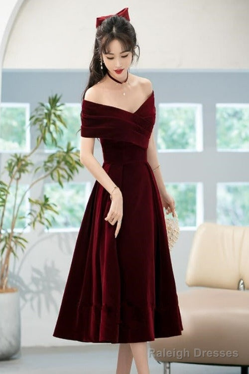 Beautiful Wine Red Velvet Bridesmaid Dress, Off Shoulder Tea Length Prom Dresses Main image