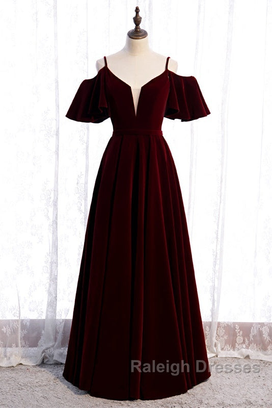 Beautiful Wine Red Velvet Off Shoulder Floor Length Party Dress, Velvet Junior Prom Dress Secondary image
