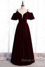Beautiful Wine Red Velvet Off Shoulder Floor Length Party Dress, Velvet Junior Prom Dress