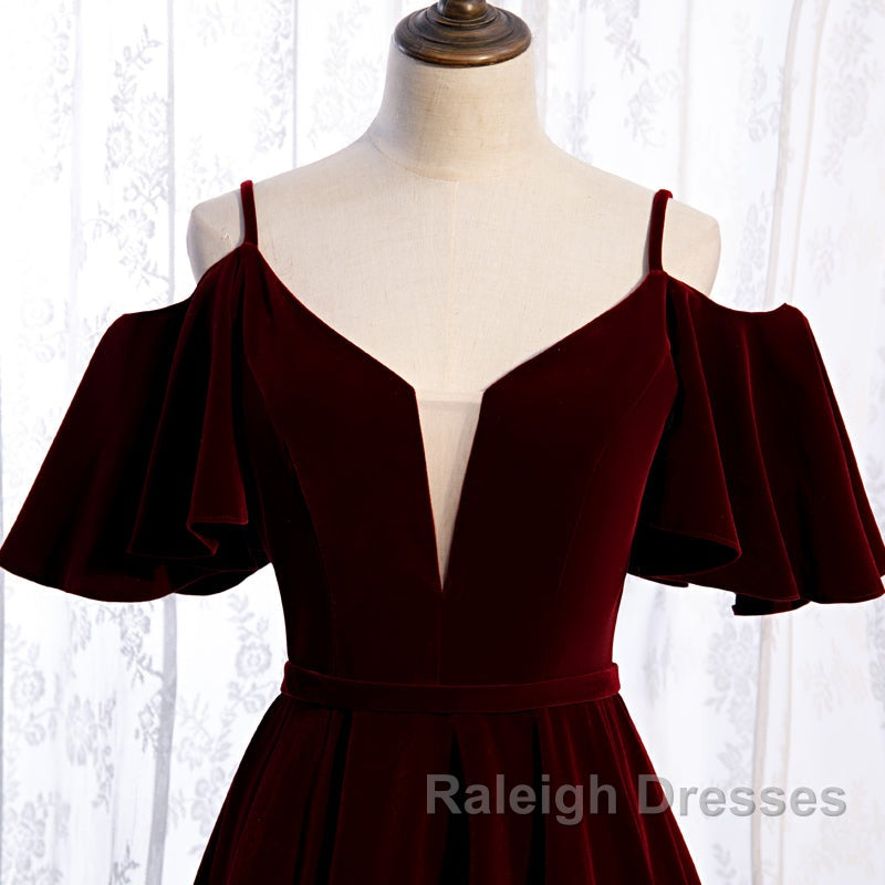 Beautiful Wine Red Velvet Off Shoulder Floor Length Party Dress, Velvet Junior Prom Dress