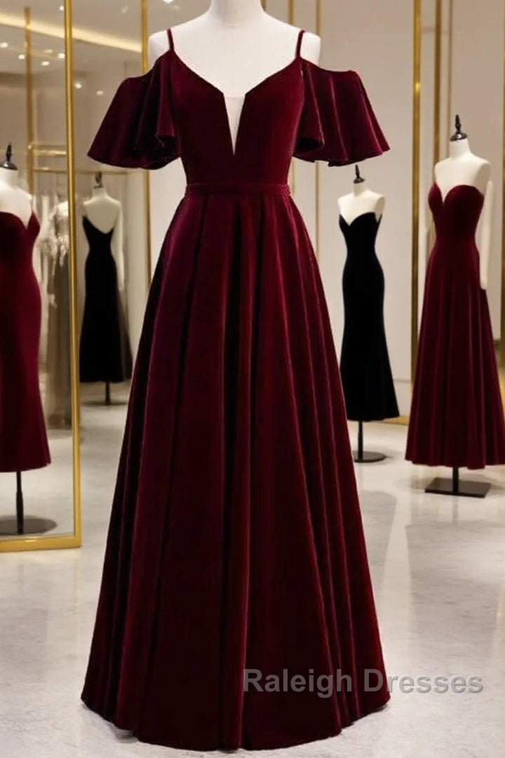 Beautiful Wine Red Velvet Off Shoulder Floor Length Party Dress, Velvet Junior Prom Dress